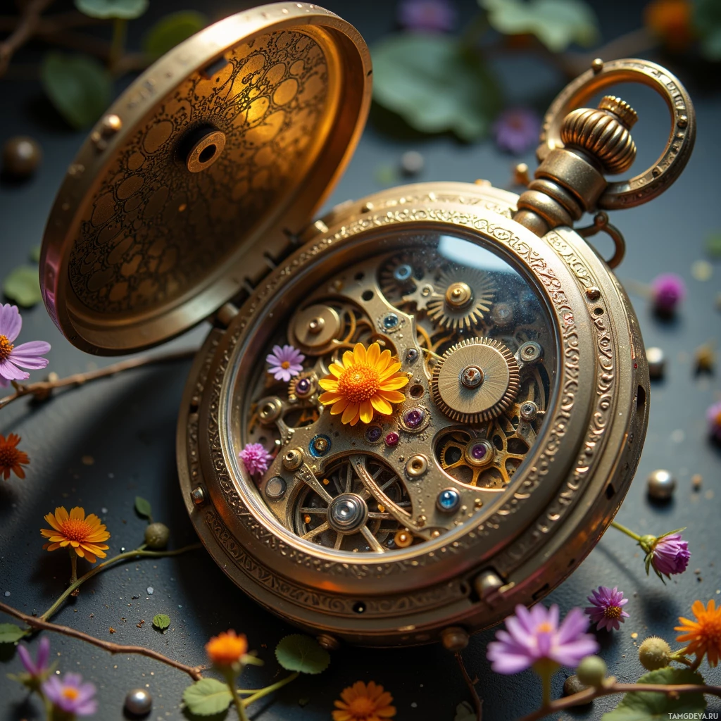 Semi-abstract image with many light, that is suitable for the post:  A tiny 1930s brass pocket watch with a deep bronze case engraved with a faded floral motif, an intricate labyrinth of gears inside, uniquely shaped screw heads, and a small back compartment holding a pressed flower.