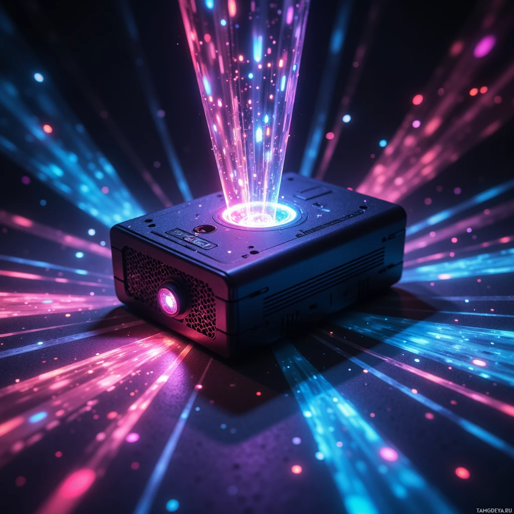 Semi-abstract image with many light, that is suitable for the post:  pocket-sized holographic stage projector, matte black translucent body with a single illuminated button, sleek minimal design, slim integrated rechargeable pack, emitting pulsing color-shifting holographic light patterns, modern futuristic tech aesthetic.