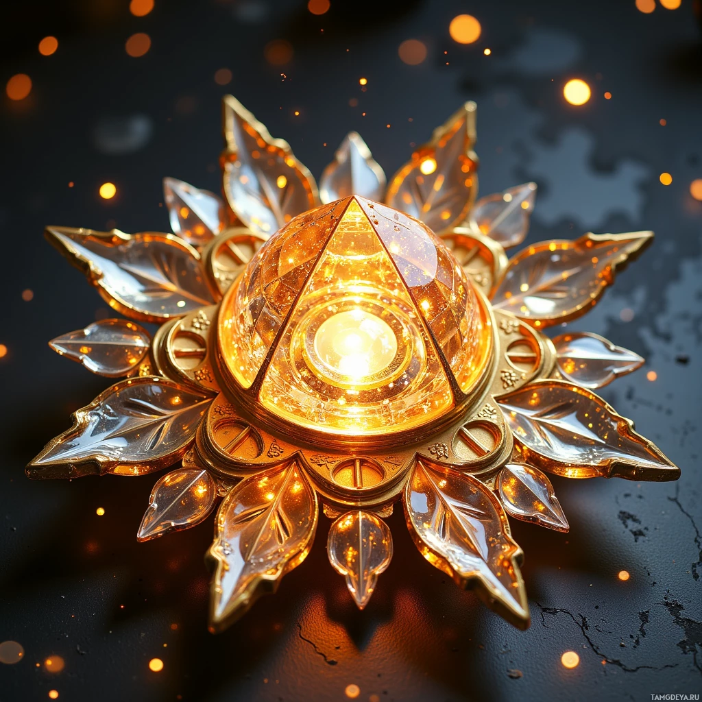 Semi-abstract image with many light, that is suitable for the post:  Brass snowflake prism with perfectly symmetrical etched facets, polished golden surface reflecting light like frost, featuring a small rotating mirror at its core, intricate crystalline patterning and subtle gleaming edges.