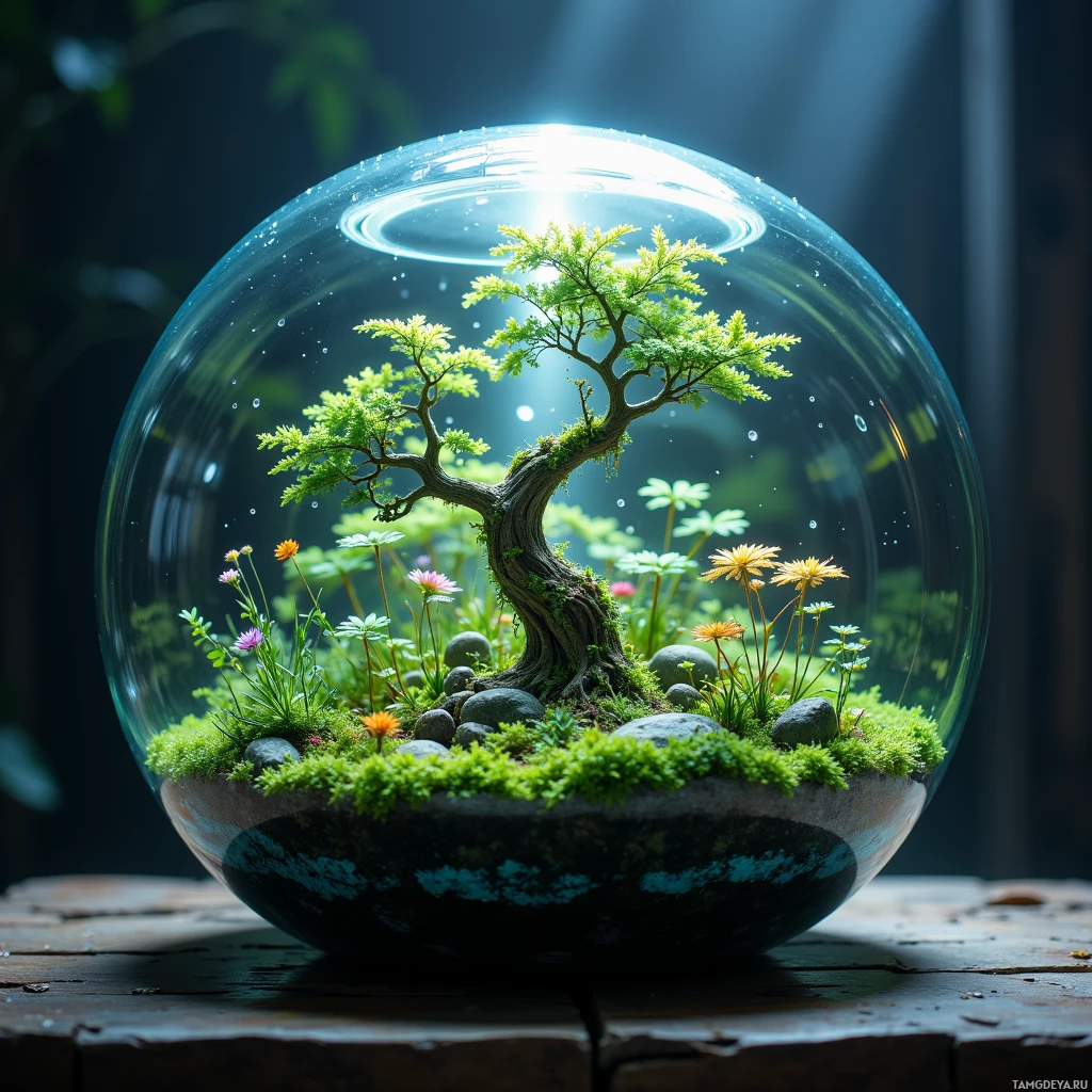 Semi-abstract image with many light, that is suitable for the post:  Glass terrarium with a translucent shell enclosing a miniature forest of moss, ferns, and tiny bioluminescent flowering plants that emit a soft, shifting glow, subtle water droplets, and a sleek, integrated micro‑climate system.