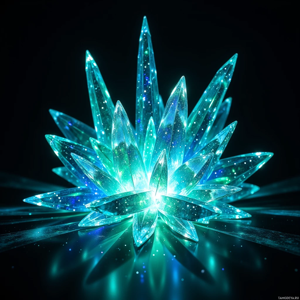 Semi-abstract image with many light, that is suitable for the post:  Handheld holo‑synth with seamless matte titanium mesh surface refracting light into shimmering, self‑documenting geometries of clean code lines, forming a volumetric light sculpture of crystalline prisms in iridescent blue‑green hues.
