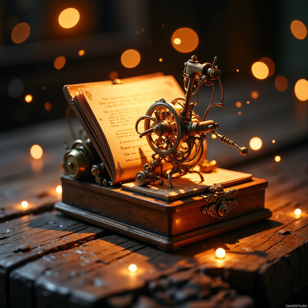 Semi-abstract image with many light, that is suitable for the post:  Tiny brass-etched mechanical book reader with a polished walnut case, delicate visible gears, projecting a gentle amber glow onto its pages.