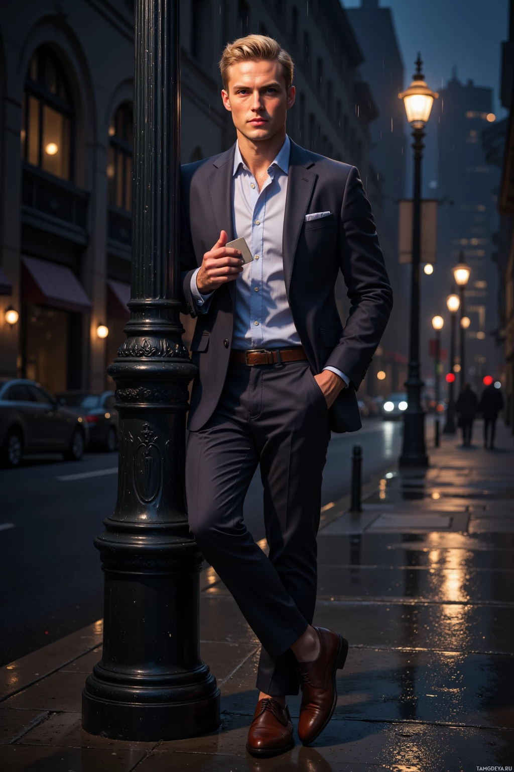 Realistic high quality photo. A tall, clean‑shaven 31‑year‑old man with slick blonde hair, blue eyes, and sharp features, wearing a tailored blazer, designer shirt, and polished shoes, leans against a lamppost on a rain‑slicked city street at night, wet asphalt reflecting streetlight glow, his polished smile and one hand casually holding a folded card, exuding smooth confidence amid shadows.