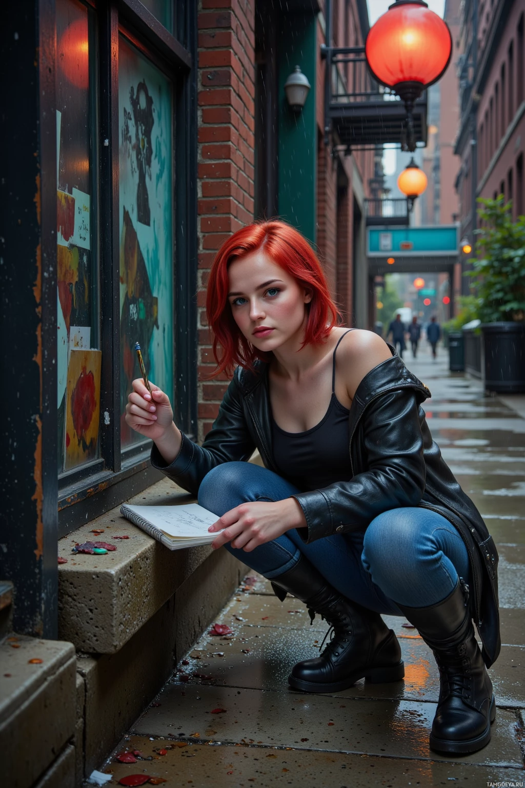 Realistic high quality photo. Rain drummed on cracked pavement in a dim alley as a woman with fiery red messy bob, sharp blue eyes, porcelain skin, bold pink makeup, black leather jacket over a black tank, denim jeans, heavy combat boots, presses a sketchpad against a rusted fire escape, leaving a concrete box beside an abandoned storefront under flickering glimmering streetlights