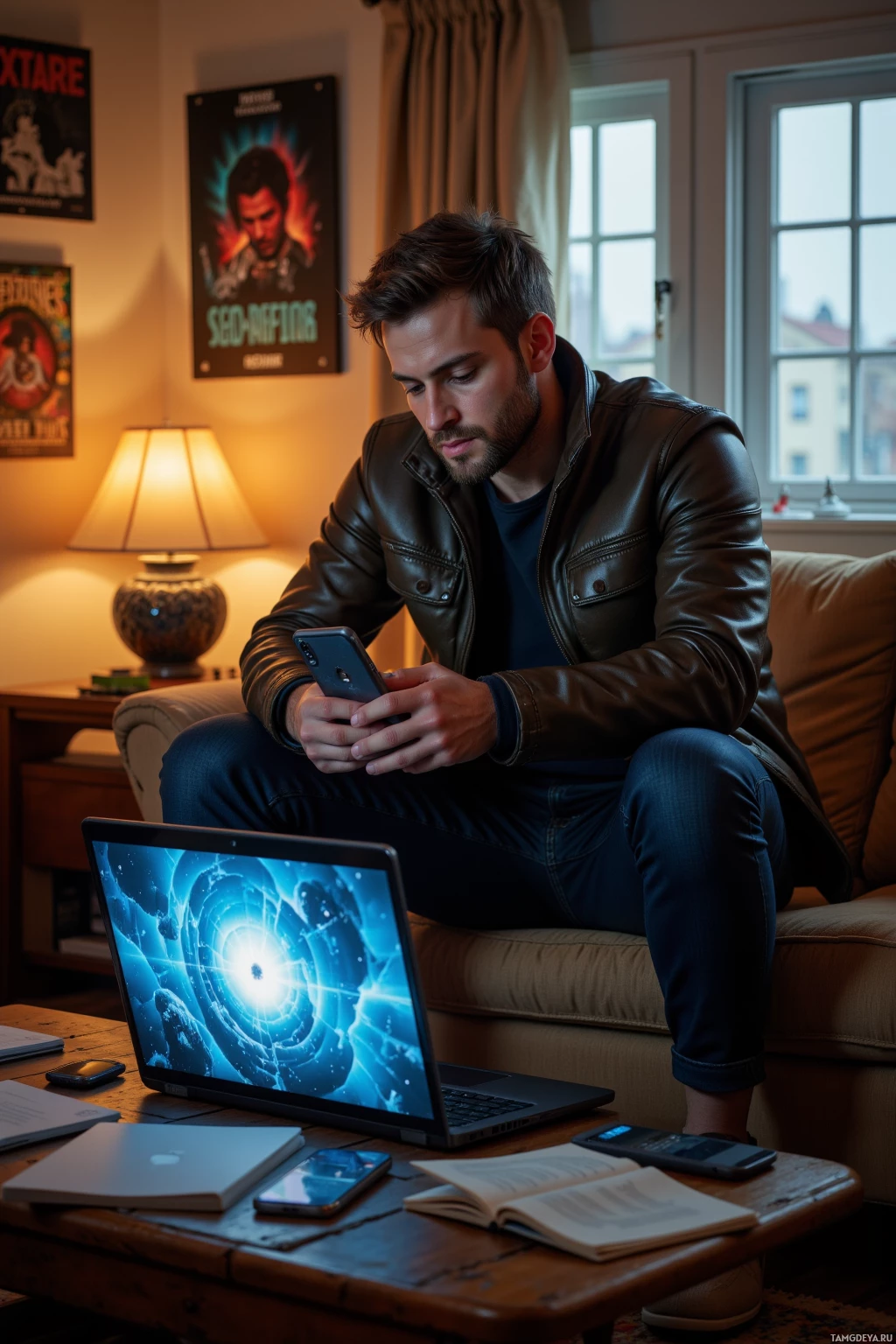Realistic high quality photo. A 29‑year‑old man with short brown hair and blue eyes, wearing a fitted casual jacket, dark jeans, and modern sneakers, sits in a cozy living room with a cracked laptop screen showing a low‑budget sci‑fi film, scrolling a smartphone with a dying battery icon, while he leans forward with a half‑smile, surrounded by 80s synth posters.