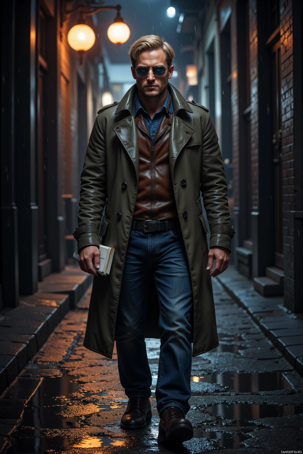 Realistic high quality photo. Male, 38, tall rugged detective with short blonde hair, blue eyes, sharp jawline, wearing a rain‑slick trench coat over a leather jacket, aviator sunglasses, dark jeans, holding a notebook, walking alone through a wet alley at night with puddles reflecting flickering streetlights, expression calm and determined.