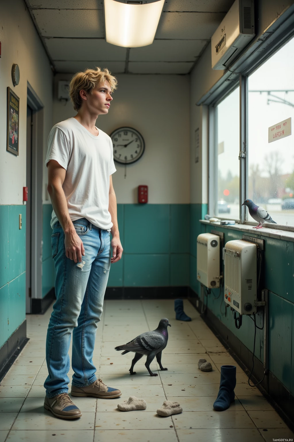 Realistic high quality photo. A 23‑year‑old blonde‑haired man with bright blue eyes, pale skin, wearing a loose white t‑shirt and faded blue jeans, standing in a fluorescent‑lit hallway with a wall clock, staring at a pigeon pecking at the outside window, laughing as a sleek cat walks across the floor, surrounded by scattered socks under midday light from a blinking deli sign.