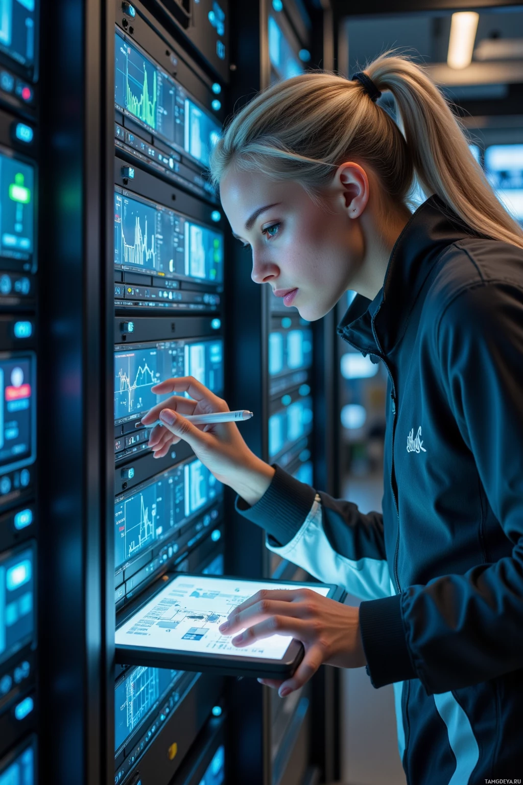 Realistic high quality photo. A 28‑year‑old woman with sleek silver ponytail, blue‑green eyes, pale skin, slender build, wearing a high‑tech jacket with subtle neon accents and a cybernetic wristband, calibrating a quiet server cluster in a dimly lit lab, hunched over glowing monitors with data points pulsing like empathetic circuitry, a soft glow emanating from the screen as she records micro‑temperature shifts, and sketching a symbiotic future city on a holographic tablet.