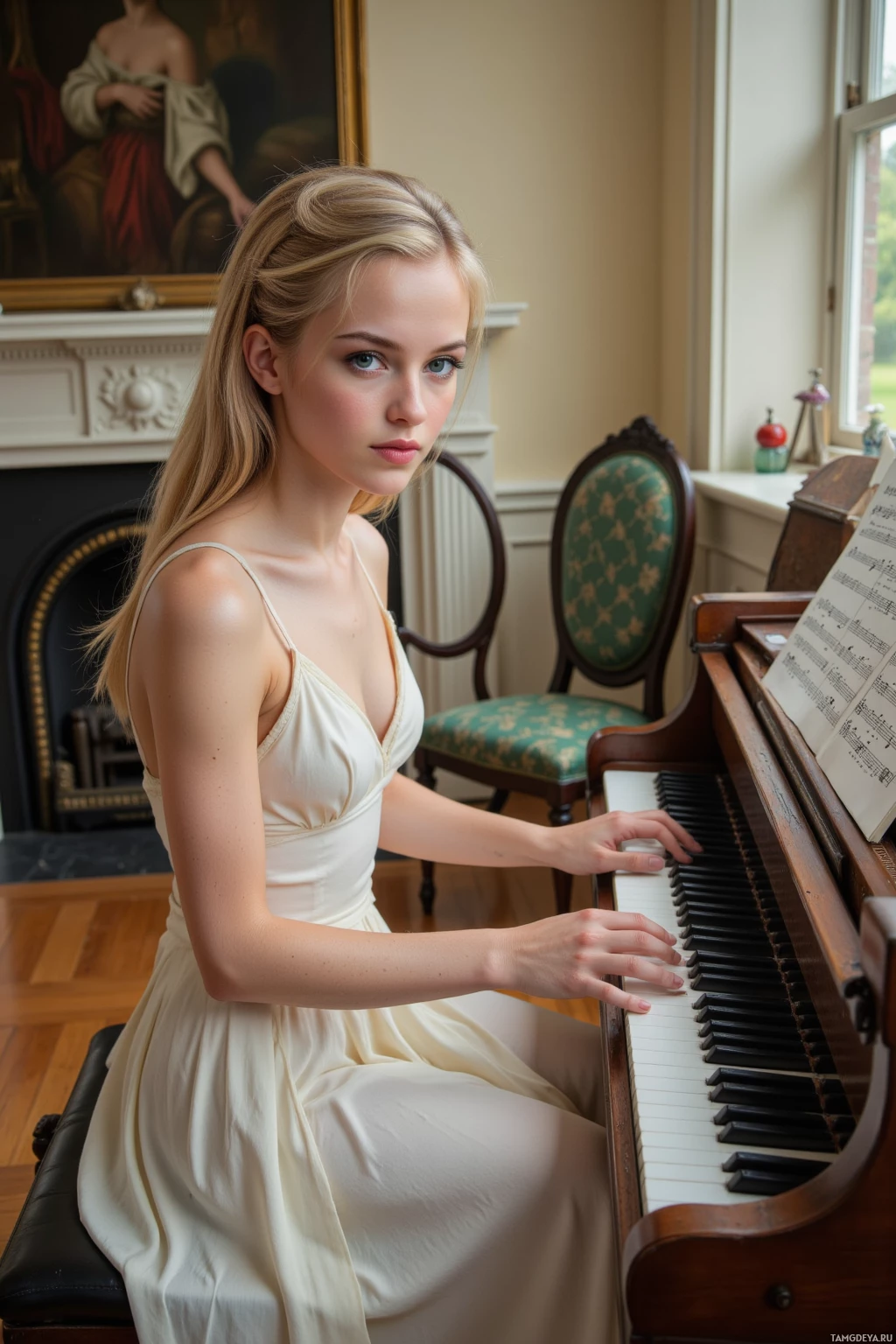 Realistic high quality photo. female, 28, pale skin, long blonde hair in a neat updo, expressive blue eyes, wearing an elegant white gown, seated at a worn grand piano in a room bathed in warm late afternoon light, fingers poised on the keys, focused and composed, a sheet of Chopin music open before her, modern realism.