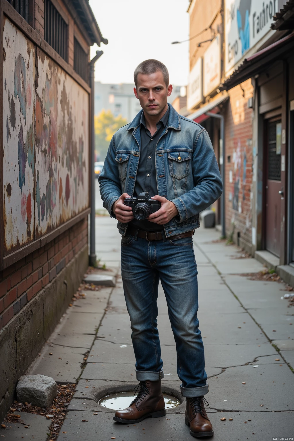 Realistic high quality photo. A 38‑year‑old man with light brown buzzcut hair, green eyes, fair skin, wearing a faded denim jacket and rugged boots, stands in front of a rusted billboard in a cracked concrete alley, holding a film camera and watching a pothole with a methodical, cynical expression under late afternoon street light.