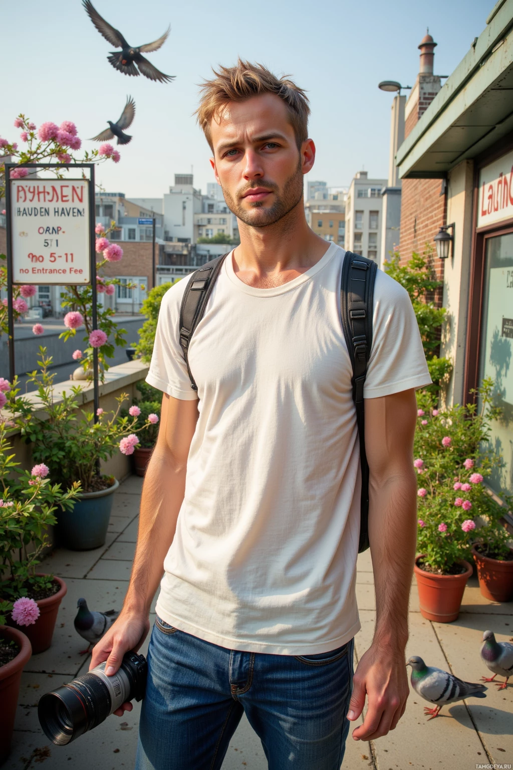 Realistic high quality photo. A 35‑year‑old man with messy blonde hair, bright blue eyes, wearing a plain white t‑shirt, jeans, and a backpack, stands on a small rooftop garden between a laundromat and a bakery, holding a camera, with a sign reading “Hidden Haven: Open 5–11, no entrance fee,” surrounded by jasmine blossoms and pigeons in late‑afternoon light.
