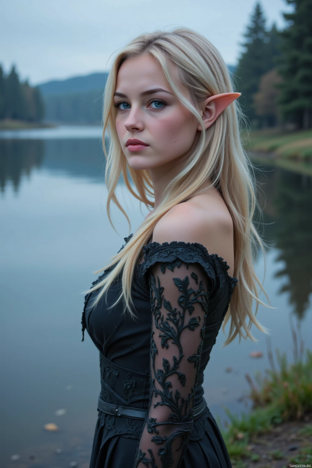 Realistic high quality photo. A tall woman with long flowing blonde hair, bright blue eyes, soft pale skin, pointed ears, wearing an elegant fantasy gown, standing on a misty riverside at dusk, listening to silver foxes as soft light glimmers over the water, her thoughtful gaze reflecting deep contemplation.