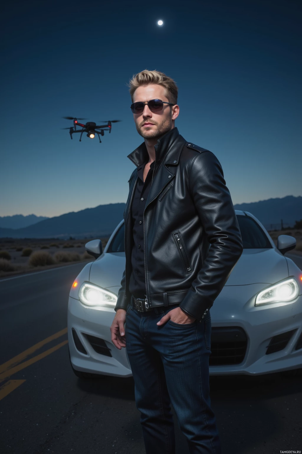 Realistic high quality photo. A tall 29‑year‑old man with short blonde hair and blue eyes, wearing a black leather jacket, dark jeans, and sleek black sunglasses, drifting a sports car around a deserted highway at 3 a.m., headlights cutting through the darkness, with a hovering drone in the background and a faint moonlit sky.
