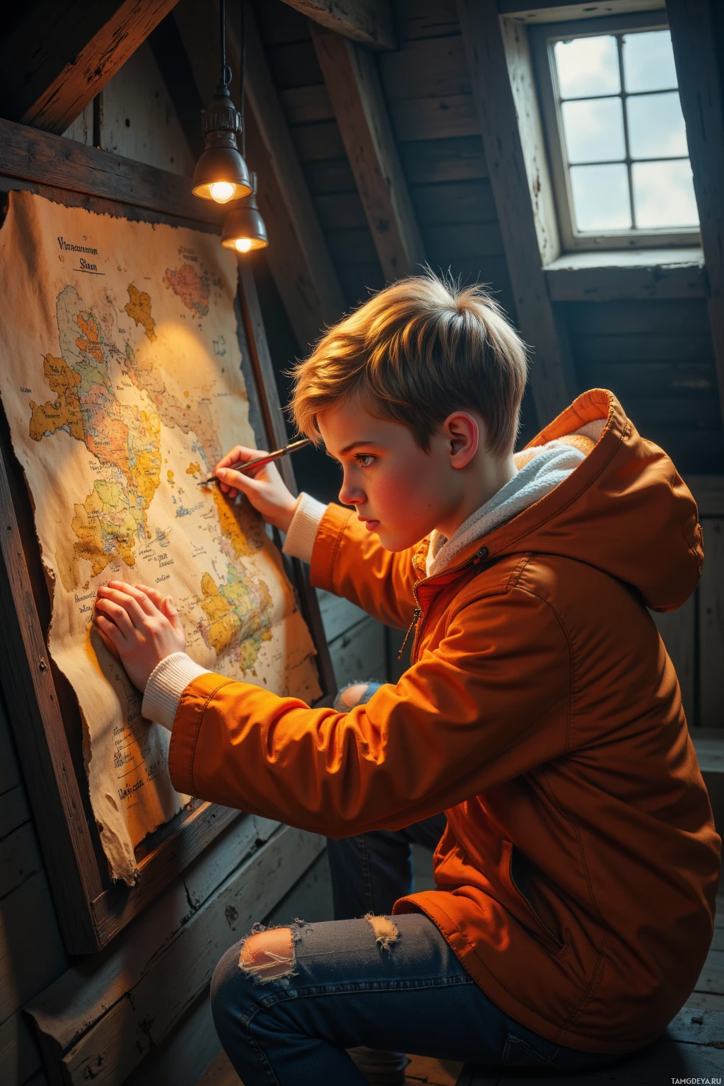 Realistic high quality photo. 10‑year‑old boy with short blonde hair and pale blue eyes, wearing a bright orange parka with hood pulled low, a white sweater and faded blue jeans, calmly tracing a faded hand‑drawn map on a dusty attic wall under moonlit attic lights with wooden beams and a small window.