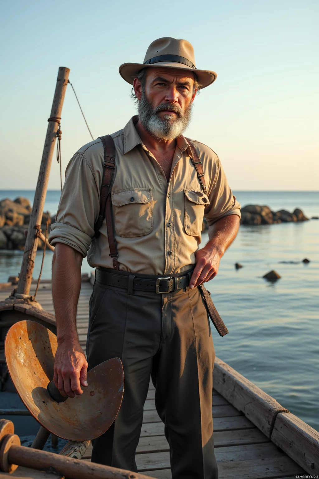 Realistic high quality photo. 33‑year‑old sturdy man with a thick weathered beard, light brown hair, calm blue eyes, wearing a worn fisherman’s hat, simple shirt, and trousers, standing on a wooden pier in late afternoon, fixing a rusty propeller on a small boat, gazing toward the horizon over calm sea with a few fish swimming nearby.