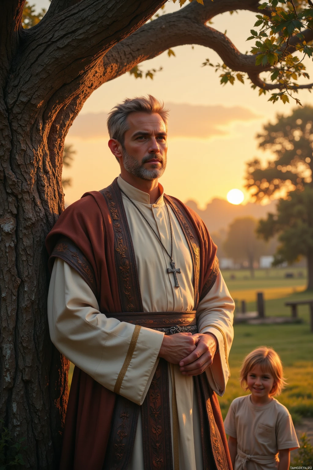 Realistic high quality photo. A 45‑year‑old man with light blonde hair streaked gray, soft blue eyes, fair skin, wearing simple elegant clerical robes in muted earth tones and a silver cross pendant, stands beside an old oak tree in a quiet garden at sunset, watching a child laugh nearby as he contemplates his responsibilities.