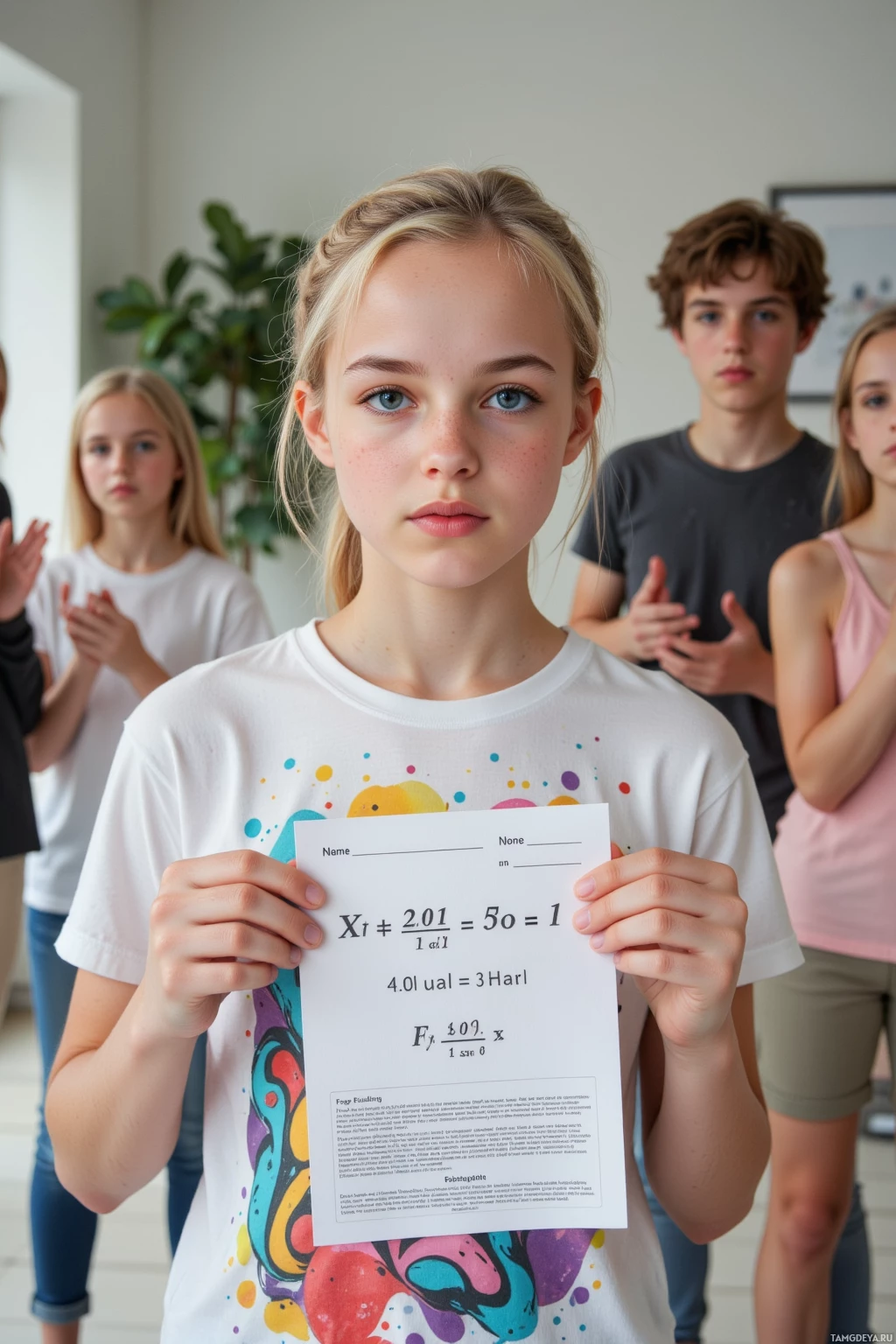 Realistic high quality photo. 16‑year‑old woman with blonde braids, bright blue eyes, wearing a colorful graphic t‑shirt, light blue jeans and black socks, standing in a modern living room surrounded by glitter, holding a math worksheet with a quadratic equation and a glitter glue bottle, drafting a paper ticket for a surprise show while siblings clap in the background.
