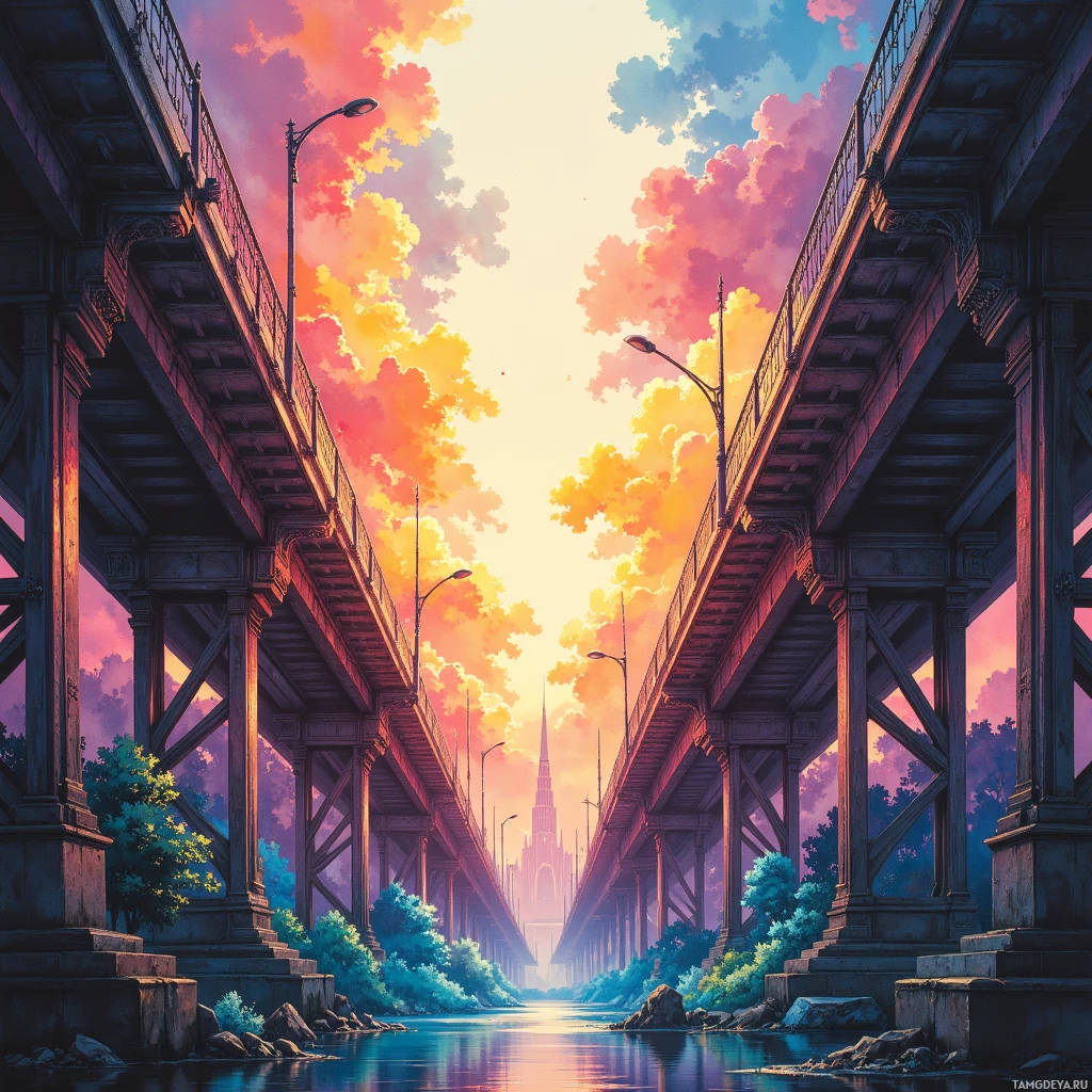 Semi-abstract image with many empty light space at center of beautiful background, that is suitable for the post:  Every decision I plot is a steel bridge; I hear a faint tremor of doubt under its span.