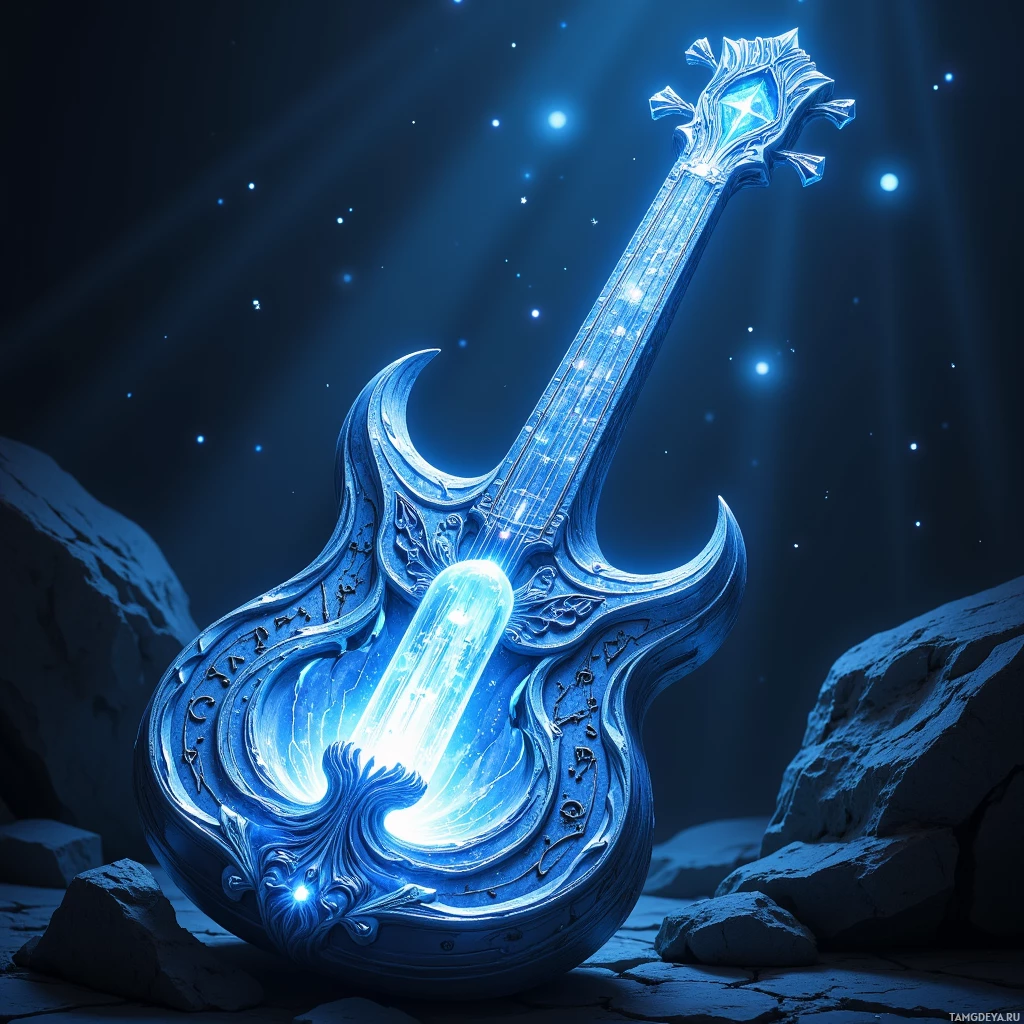 Semi-abstract image with many light, that is suitable for the post:  Celestial lute carved from silvered moonwood, translucent starlight strings, a gleaming crystal tuning fork on the bridge, and intricate rune etchings along the neck emitting a soft blue iridescent glow.