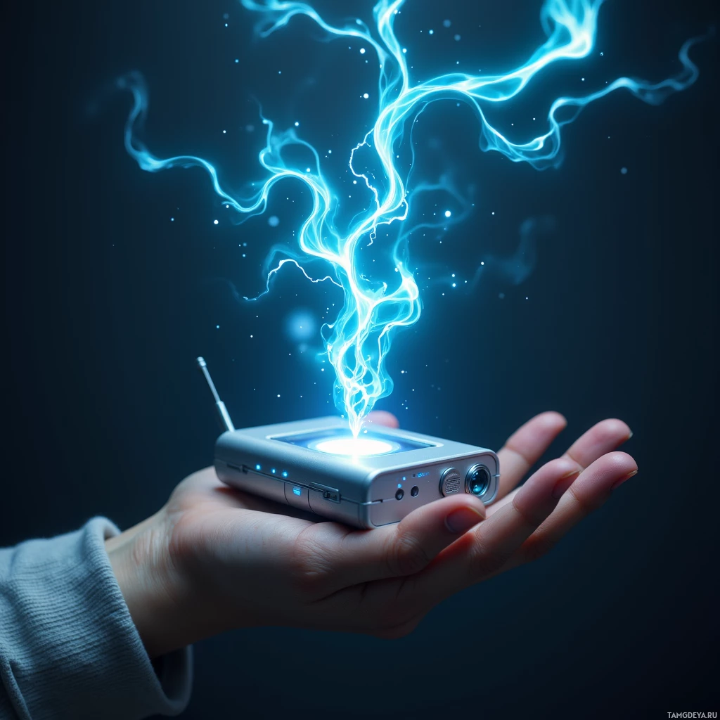 Semi-abstract image with many light, that is suitable for the post:  Handheld levitating mini‑projector with a sleek matte titanium case, a tiny gyroscope antenna, integrated touch screen surface, a transparent projector lens emitting vibrant 3D holographic doodles and subtle blue glow, compact futuristic design.