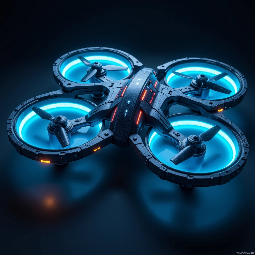 Semi-abstract image with many light, that is suitable for the post:  Titanium-bodied drone with carbon‑fiber wings, midnight‑black sleek finish, neon blue LED‑lit self‑repairing propellers, modular weapon and payload slots, futuristic fighter aesthetic.