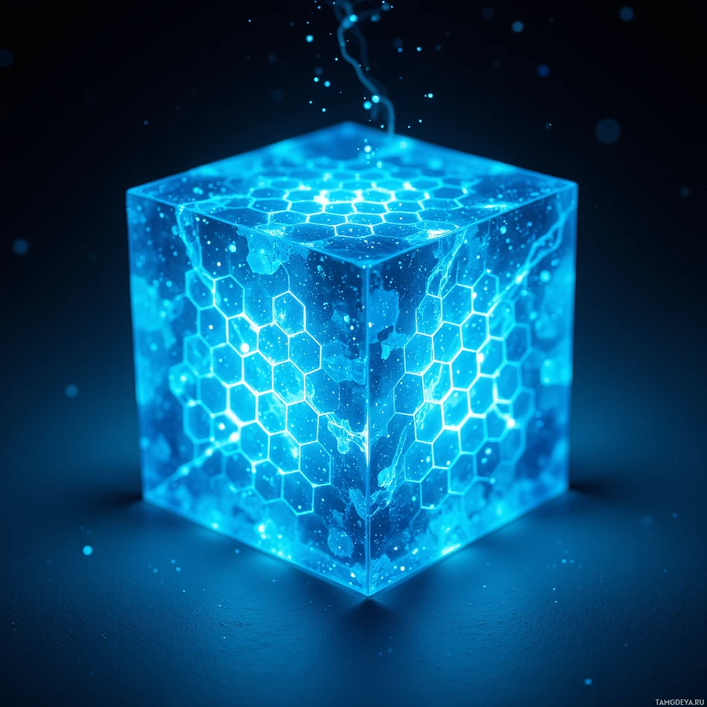Semi-abstract image with many light, that is suitable for the post:  Palm‑sized translucent cube with a honeycomb lattice of hexagonal cells, each cell glowing with a steady blue pulse, emitting a soft, cool light and reflecting a faint iridescent sheen.
