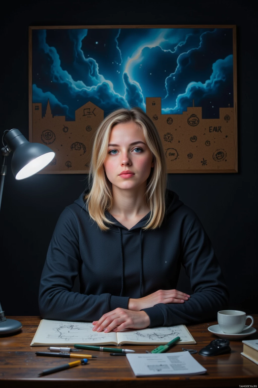 Человек сидит за столом с лампой, блокнотом и чашкой на фоне стены с изображением ночного неба и городского пейзажа.