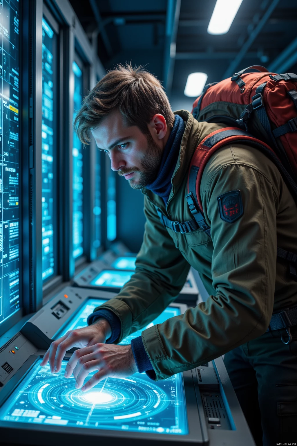 Человек в зеленой куртке и с рюкзаком взаимодействует с футуристичной, подсвеченной панелью управления.