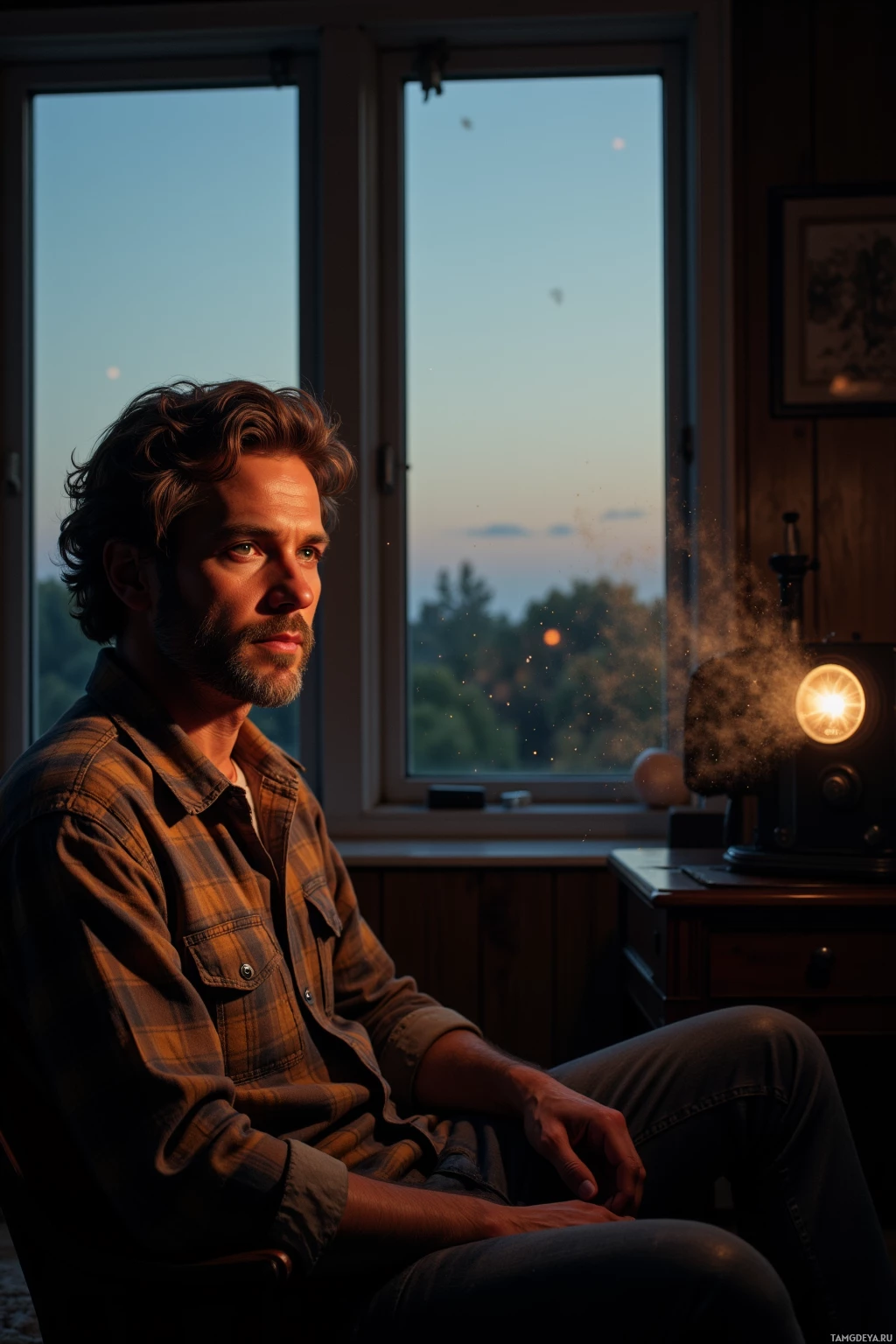 Мужчина сидит в полумраке комнаты, смотря в окно на спокойное вечернее небо.