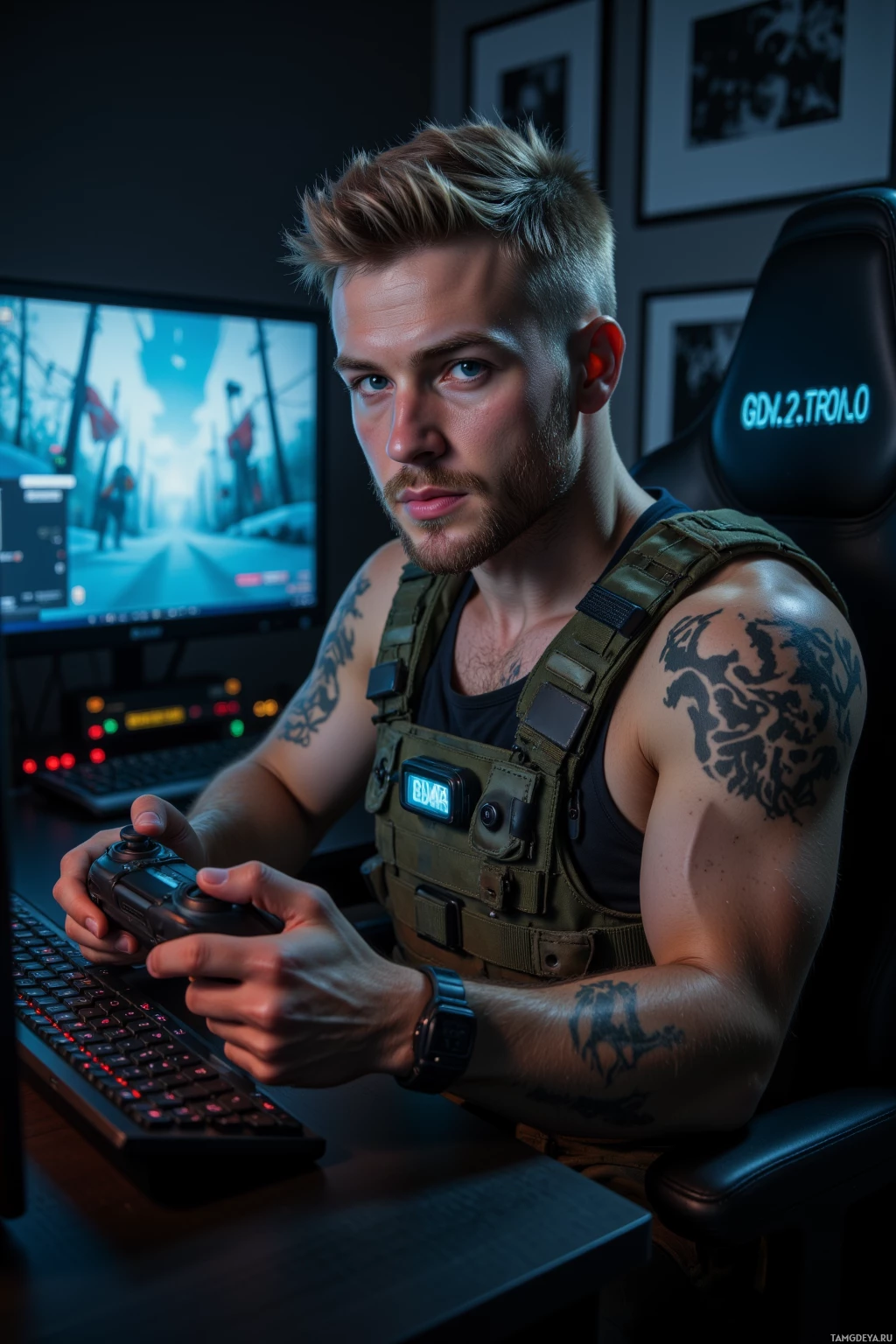 Мужчина с татуировками и тактической жилеткой играет в видеоигру.