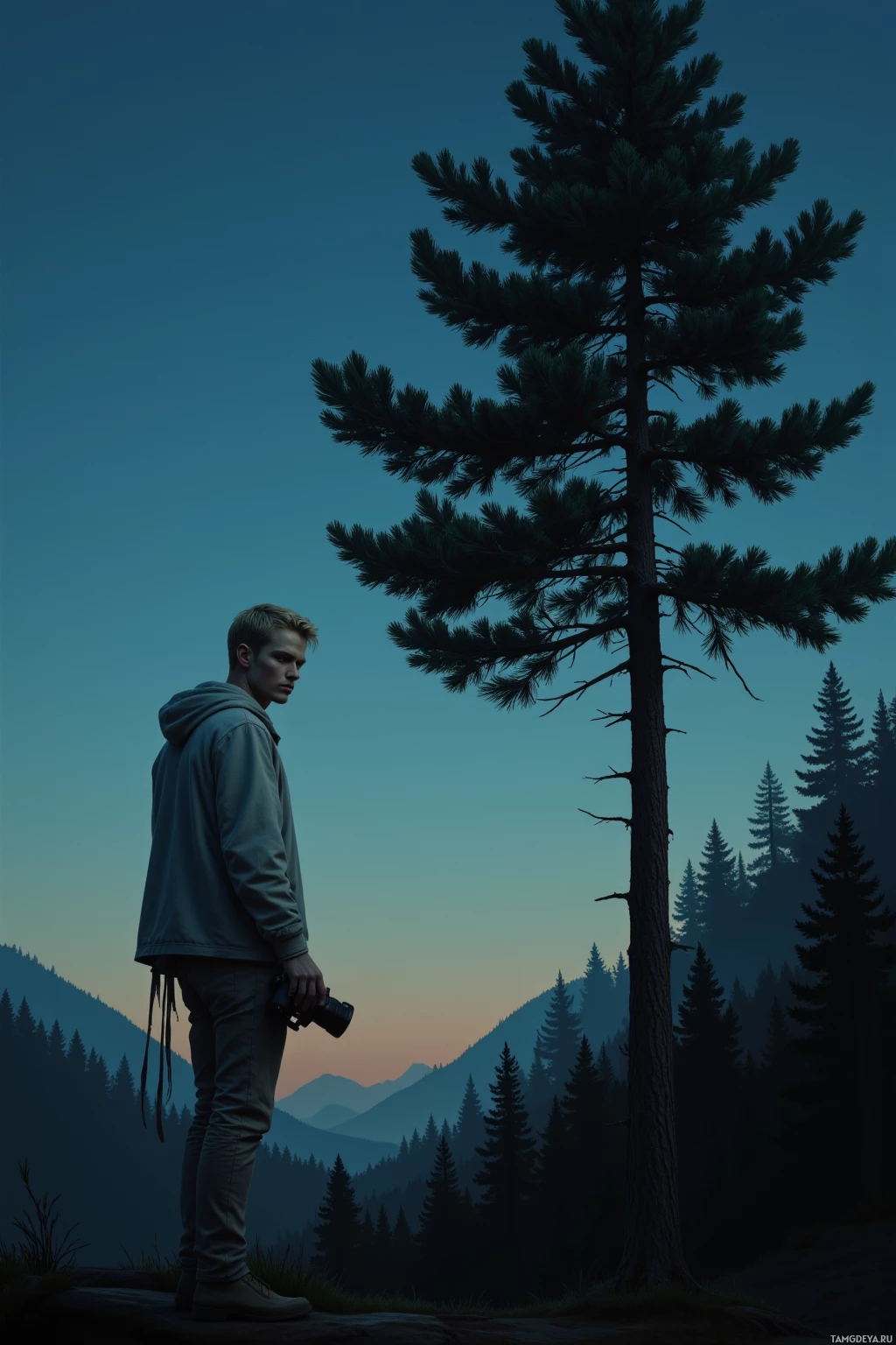 Человек стоит рядом с высоким сосновым деревом в тихой роще на закате.