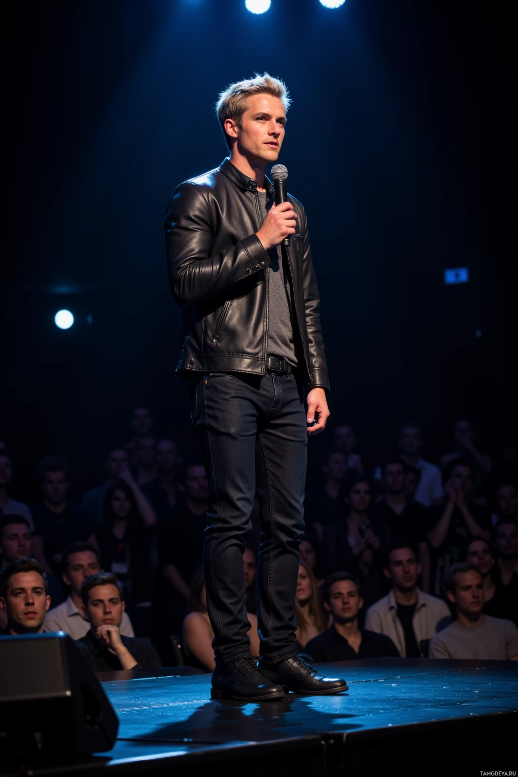 Мужчина в кожаной куртке стоит на сцене с микрофоном в руках, обращаясь к публике.