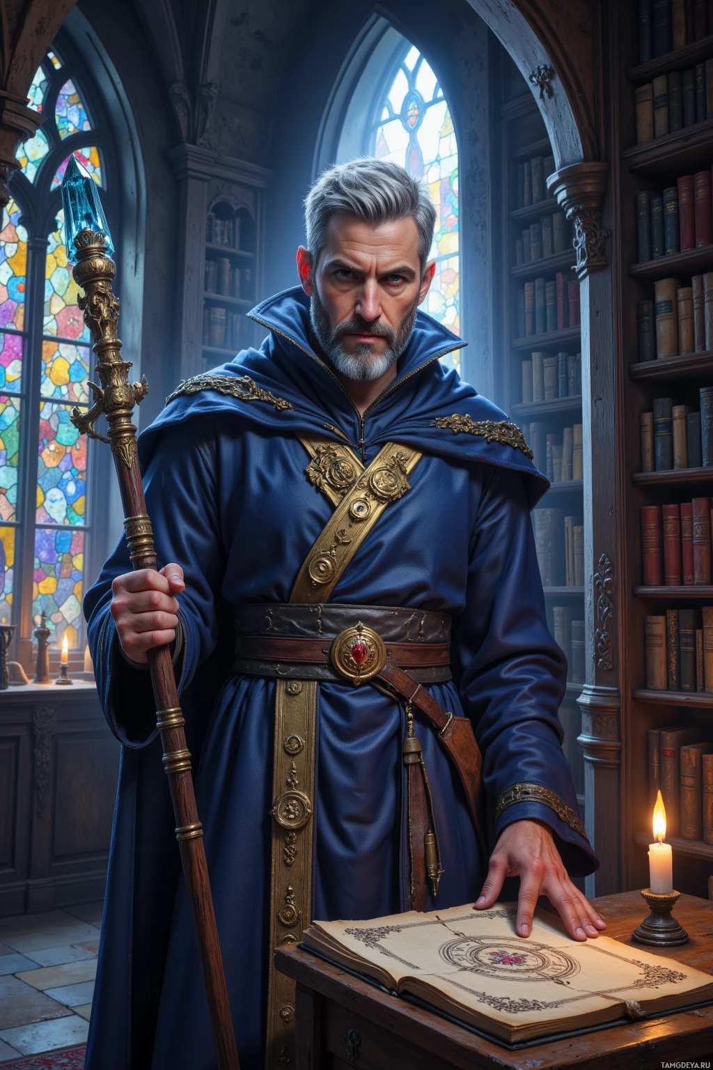 Мужчина в синем одеянии держит посох и стоит рядом с раскрытой книгой в библиотеке.