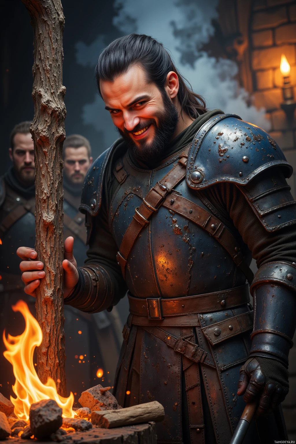 Воин в доспехах стоит у костра, держа в руках сук дерева.