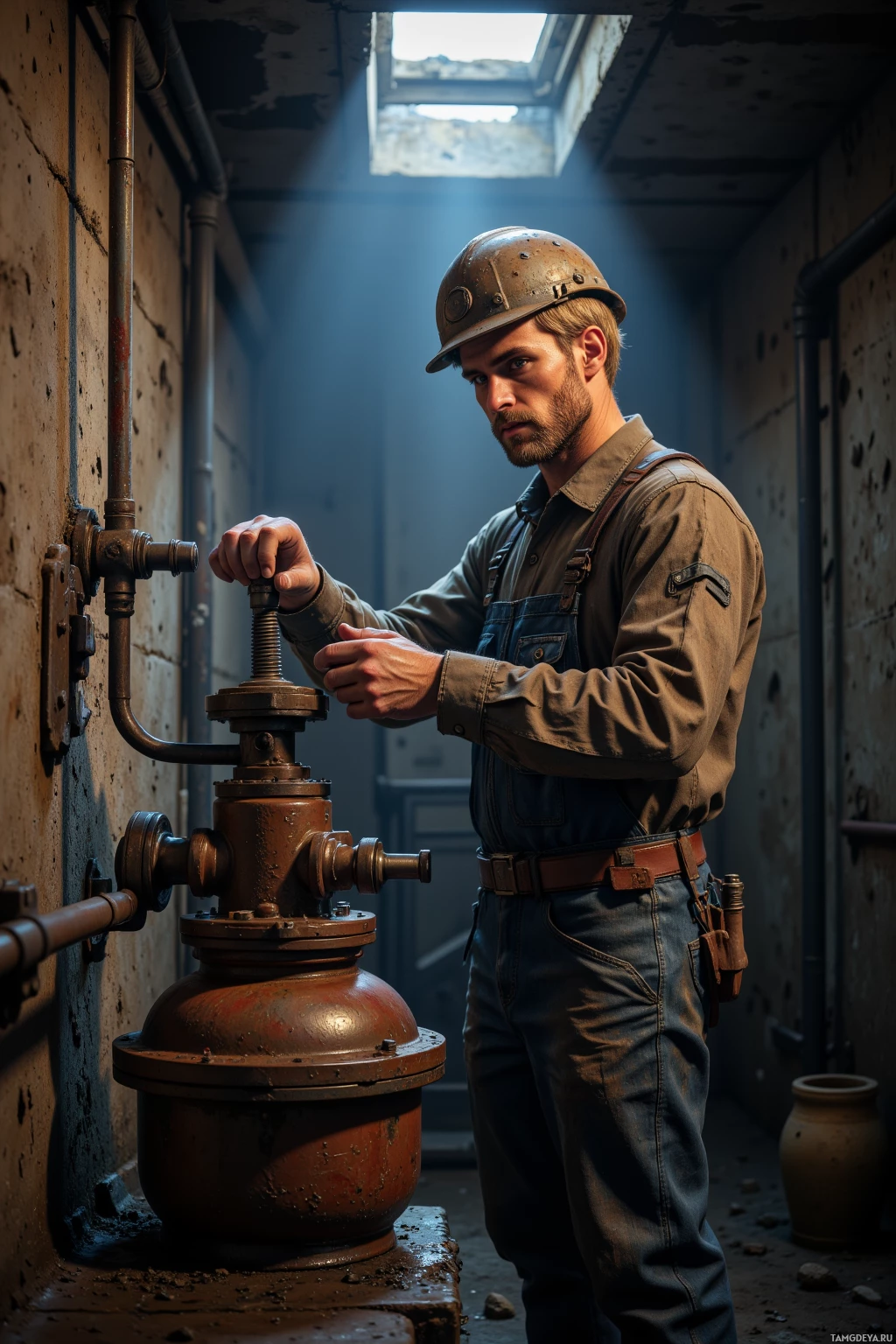 A man in a hard hat and work uniform operates a valve in a dimly lit industrial setting.