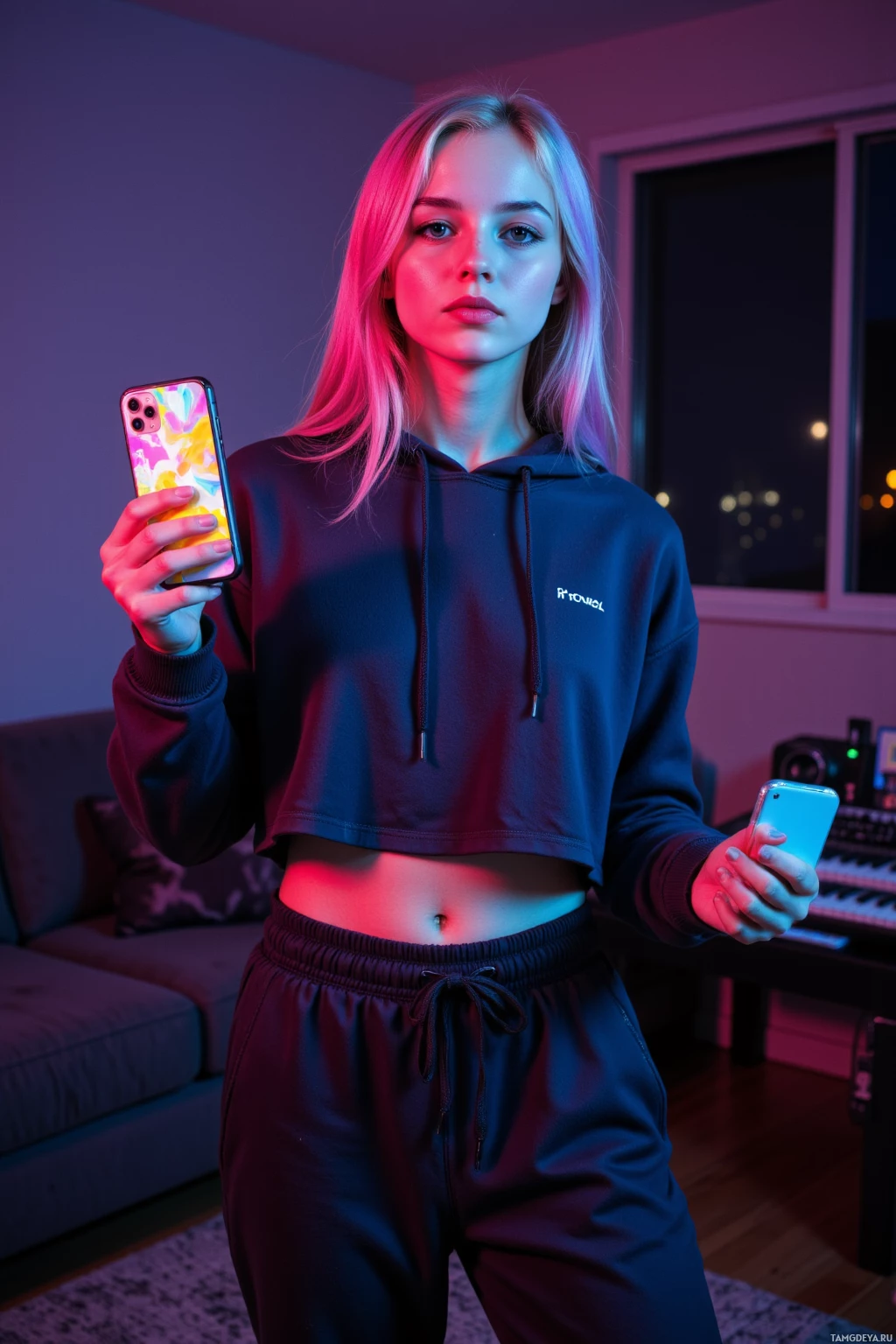 A person in a dark hoodie and sweatpants holds a smartphone in a neon-lit room.