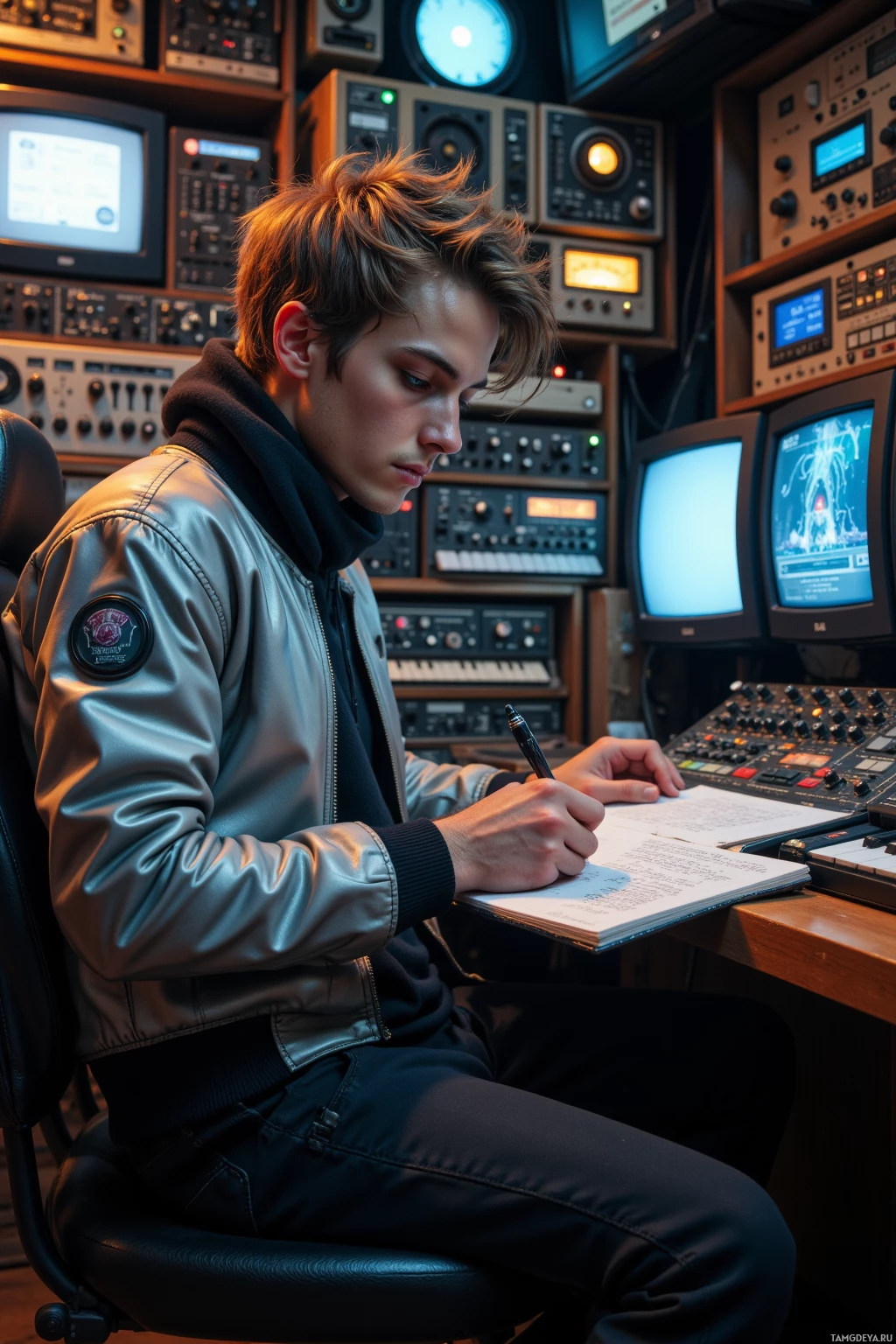 A person in a control room setting, writing in a notebook while surrounded by various electronic equipment and monitors.