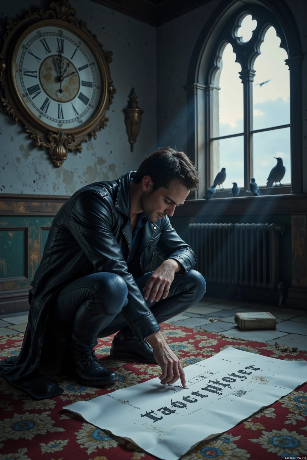 A man in a leather jacket crouches beside a large paper with cryptic text, in a room with a large ornate clock and arched windows.