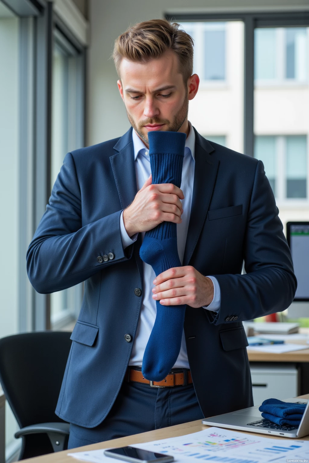 Мужчина в костюме держит синий носок в офисе.