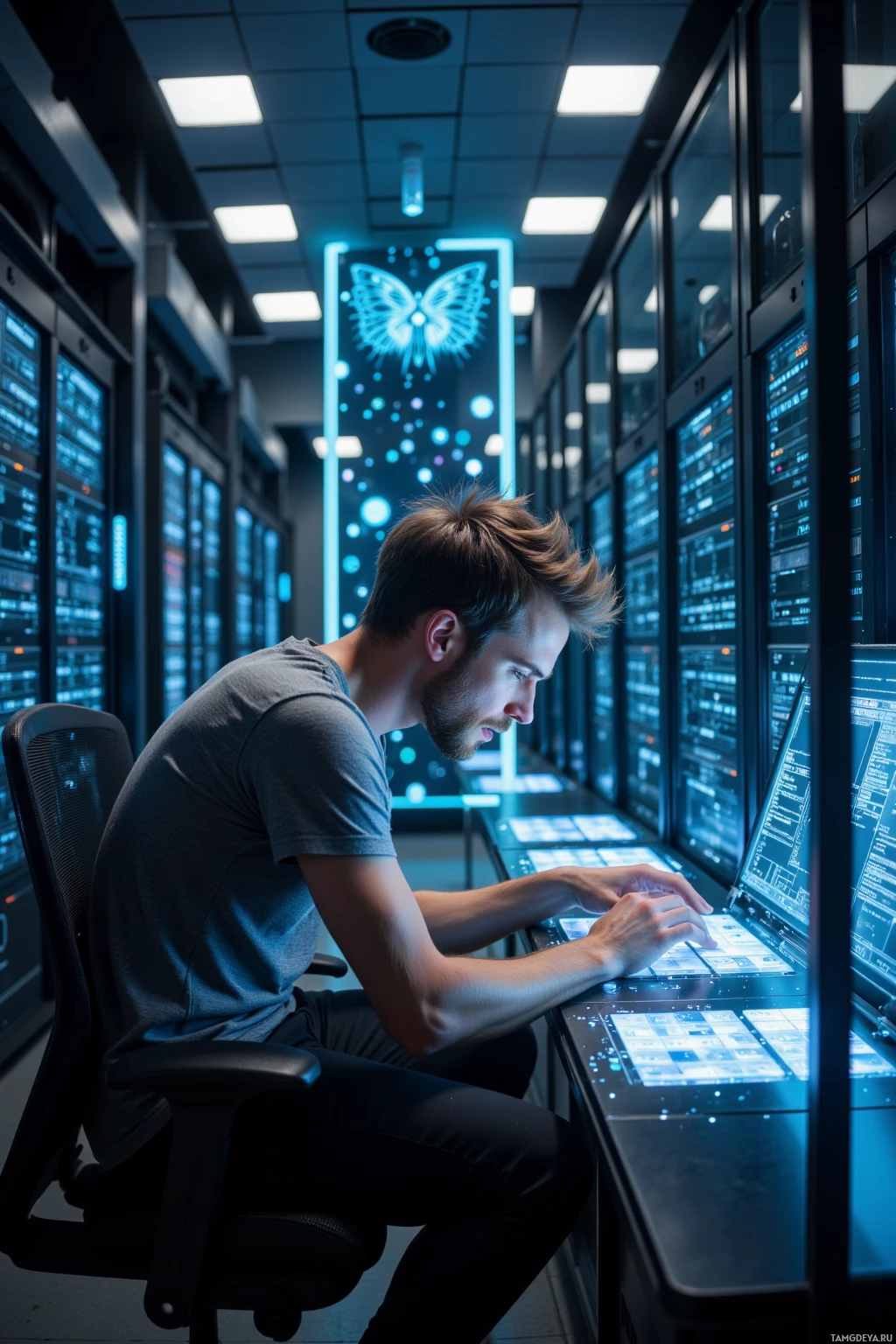 Мужчина сидит за столом в серверной и работает на компьютере.