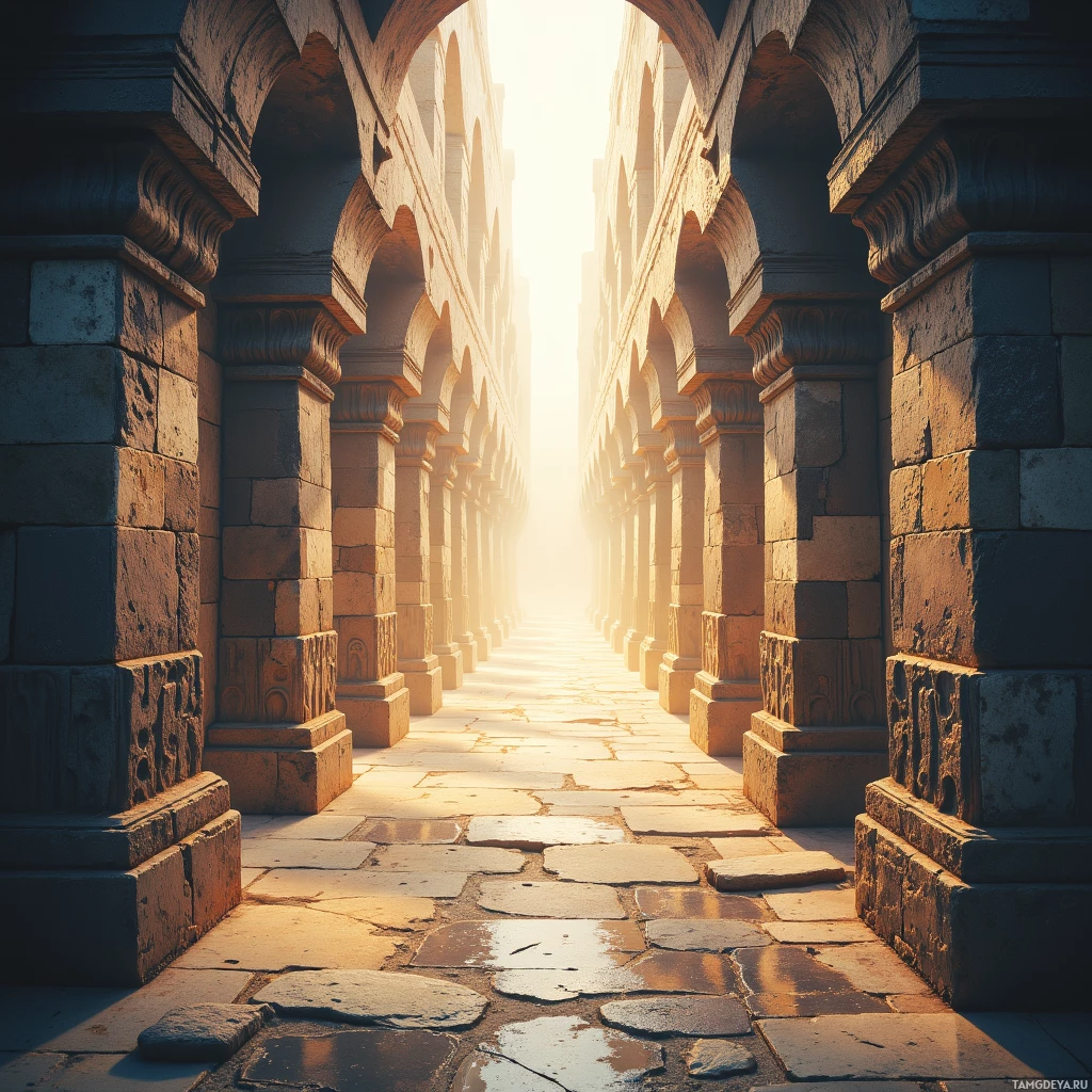 Солнечный коридор с каменными арками и колоннами ведет к яркому свету в конце.