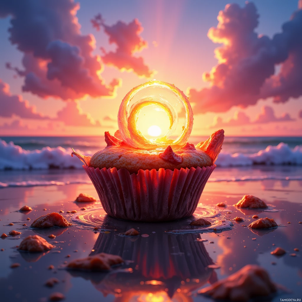 A cupcake with a glowing ring on top sits on a beach at sunset.