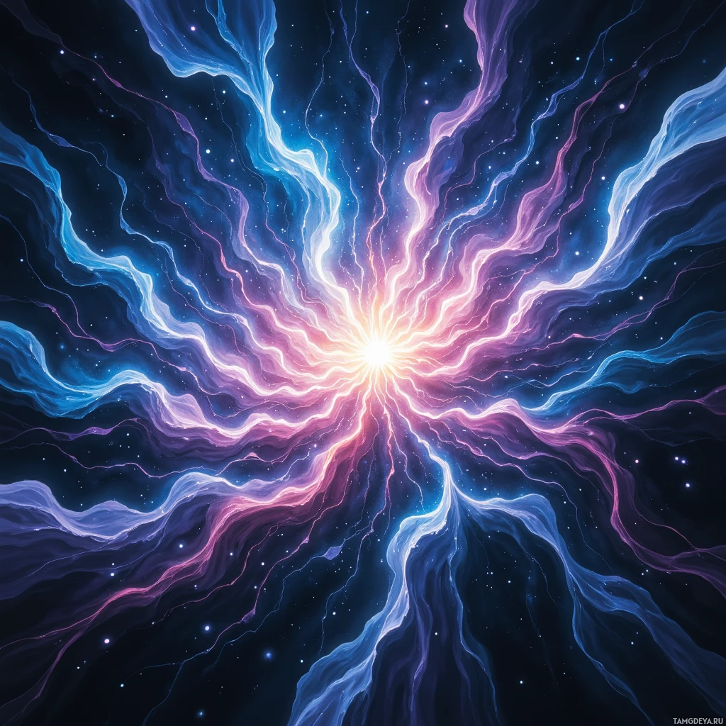 Яркая космическая сцена с лучами света и звездами на темном фоне.