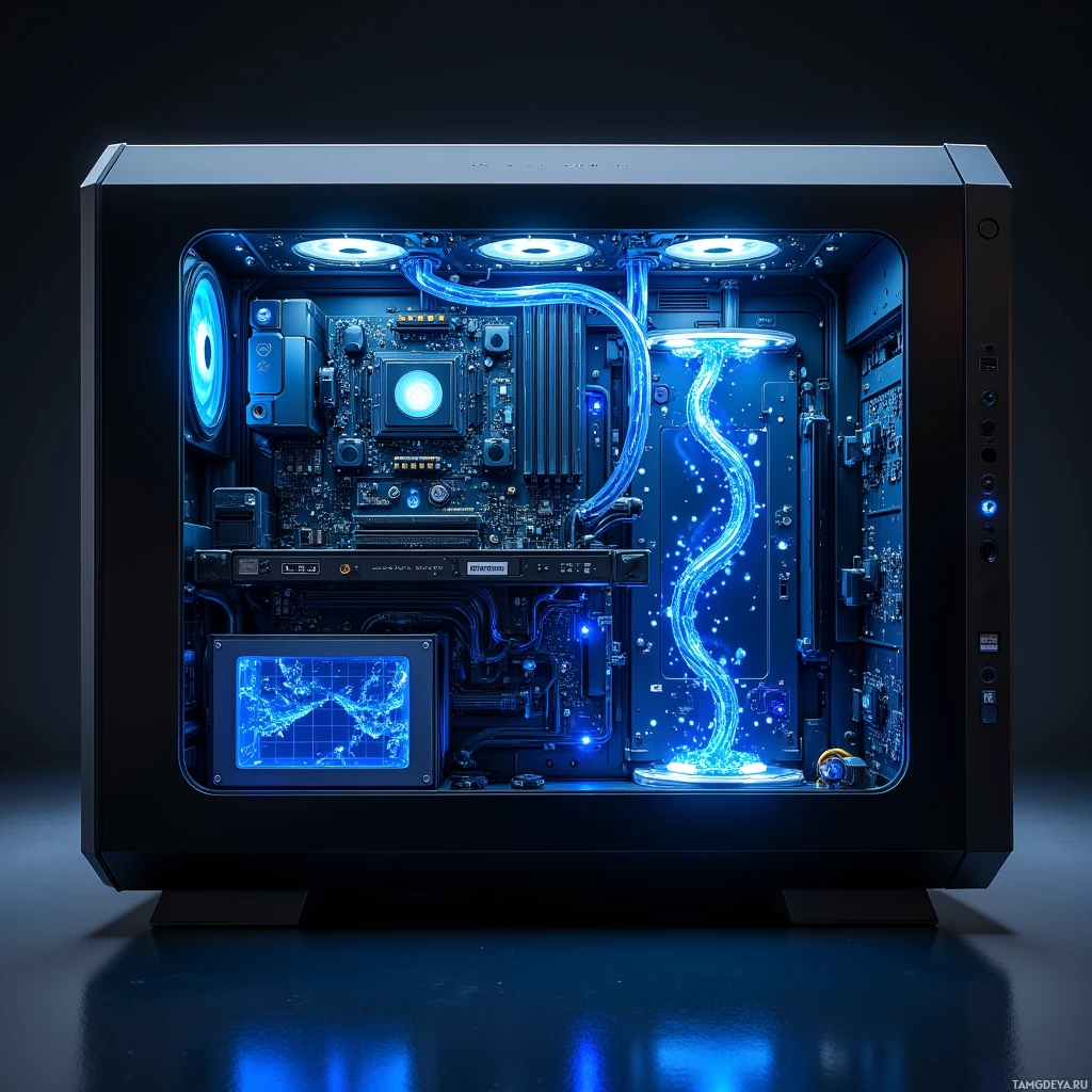 Изящный корпус компьютера с подсветкой, демонстрирующий внутренние компоненты и систему охлаждения.