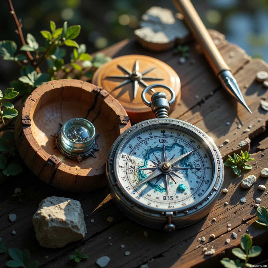 Semi-abstract image with many light, that is suitable for the post:  A silver pocket compass with a hand‑etched miniature riverbed map, a feather‑tip iron needle, a cedar case carved with rippling grooves, a translucent glass vial containing a single rain droplet, and a tiny gear hidden inside tracing a subtle water‑flow track.