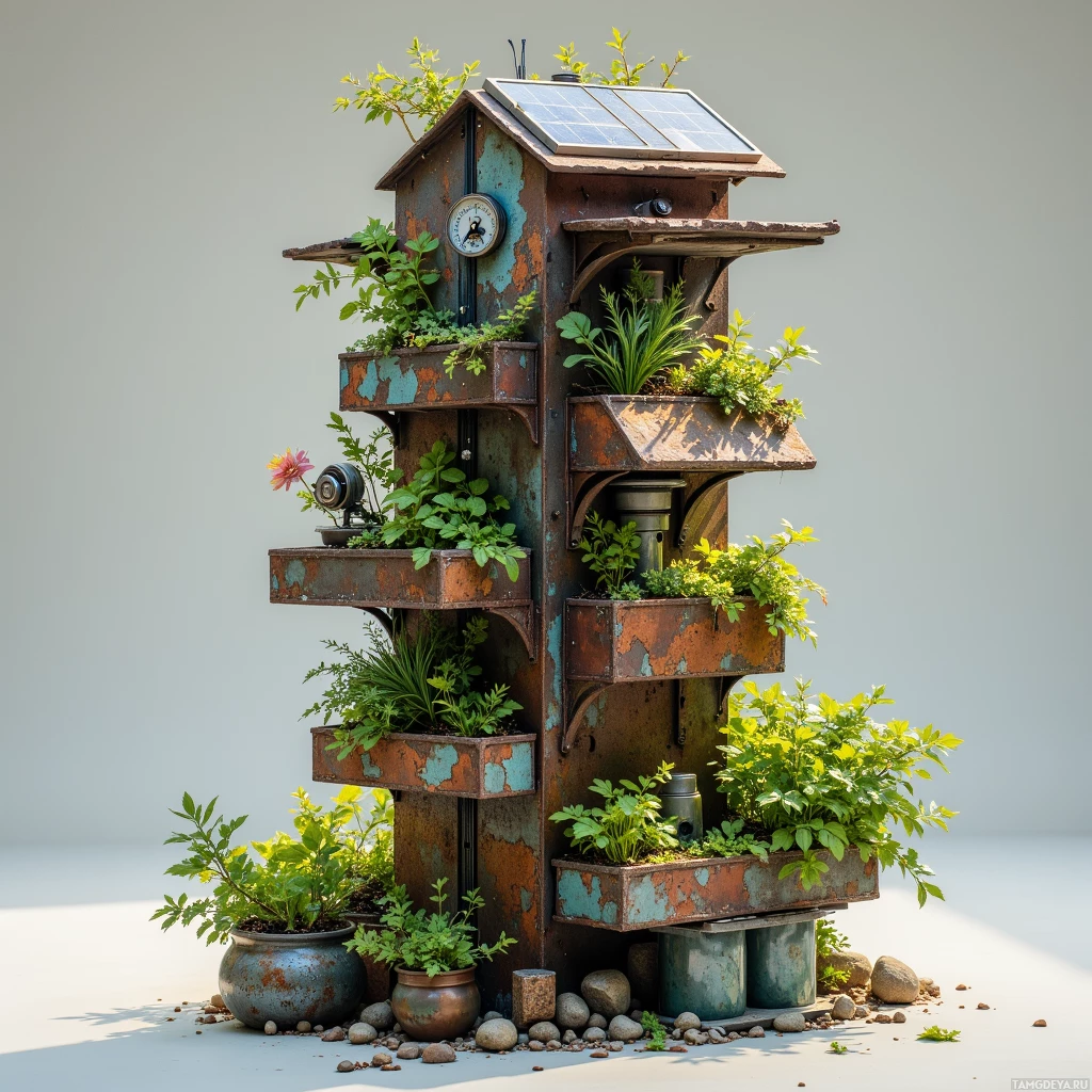 Semi-abstract image with many light, that is suitable for the post:  Handheld solar‑powered vertical planter made of rusted steel, irregular metal trays leaning like the Leaning Tower of Pisa, each tray fitted with a tiny turbine powering a misting fan, a crude flickering LED gauge, visibly patched and imperfect, with a small hydroponic system drawing water from a rain barrel.