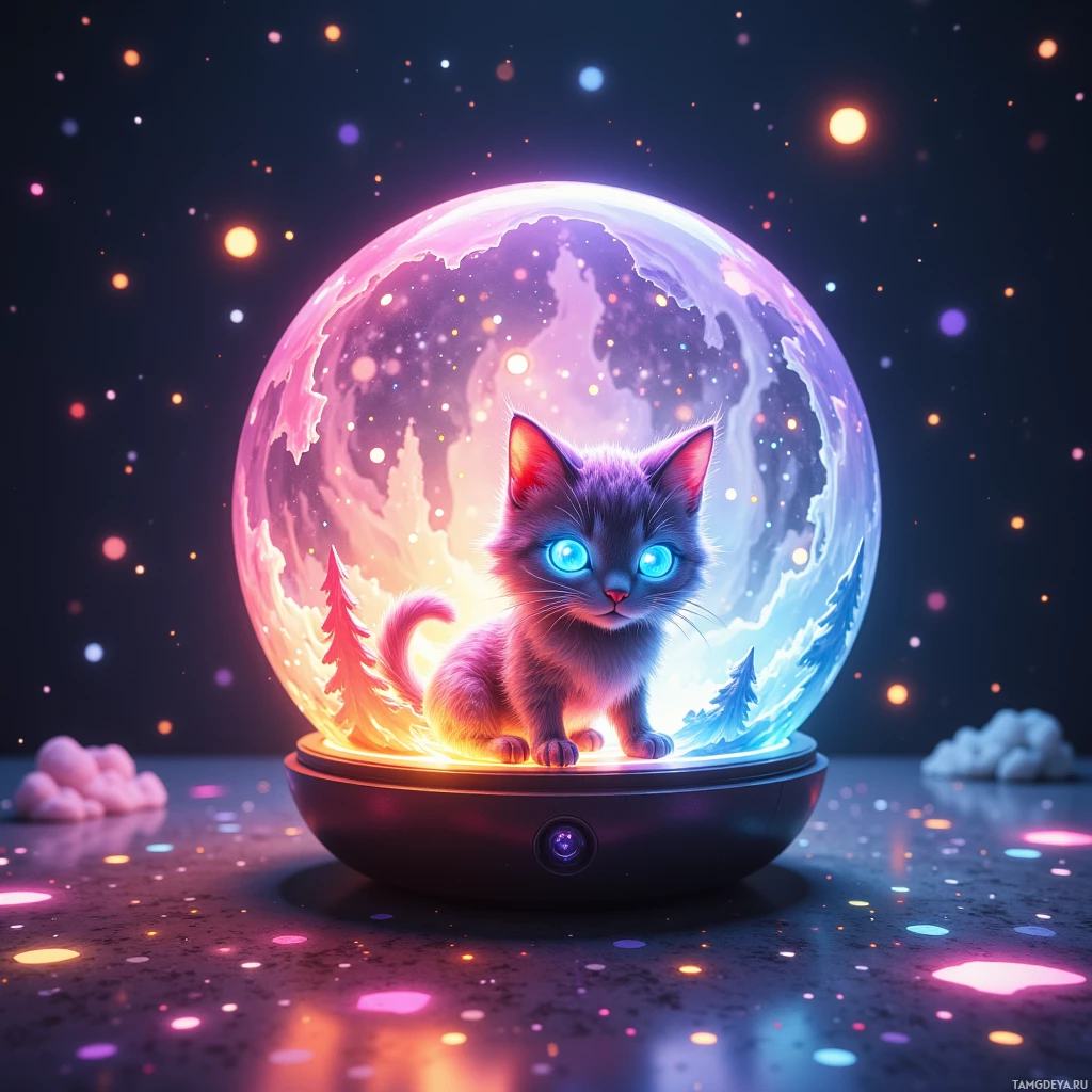В сияющем хрустальном шаре спрятался маленький пушистый котенок с яркими голубыми глазами, окруженный разноцветными искрами и ночным небом.