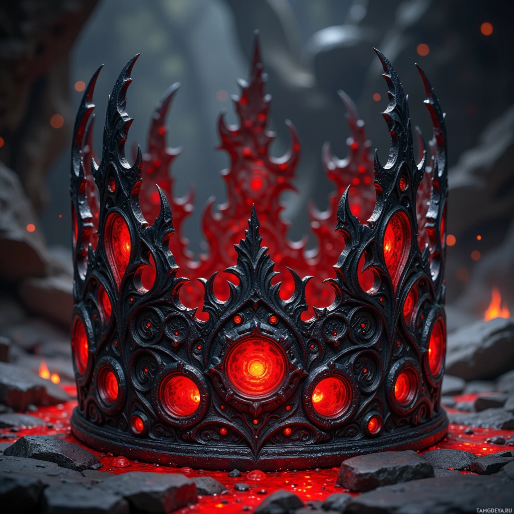 Semi-abstract image with many light, that is suitable for the post:  A black iron crown with intricate crimson veins of molten obsidian, glowing runes etched along its ridges, giving it a sinister, ancient aura.