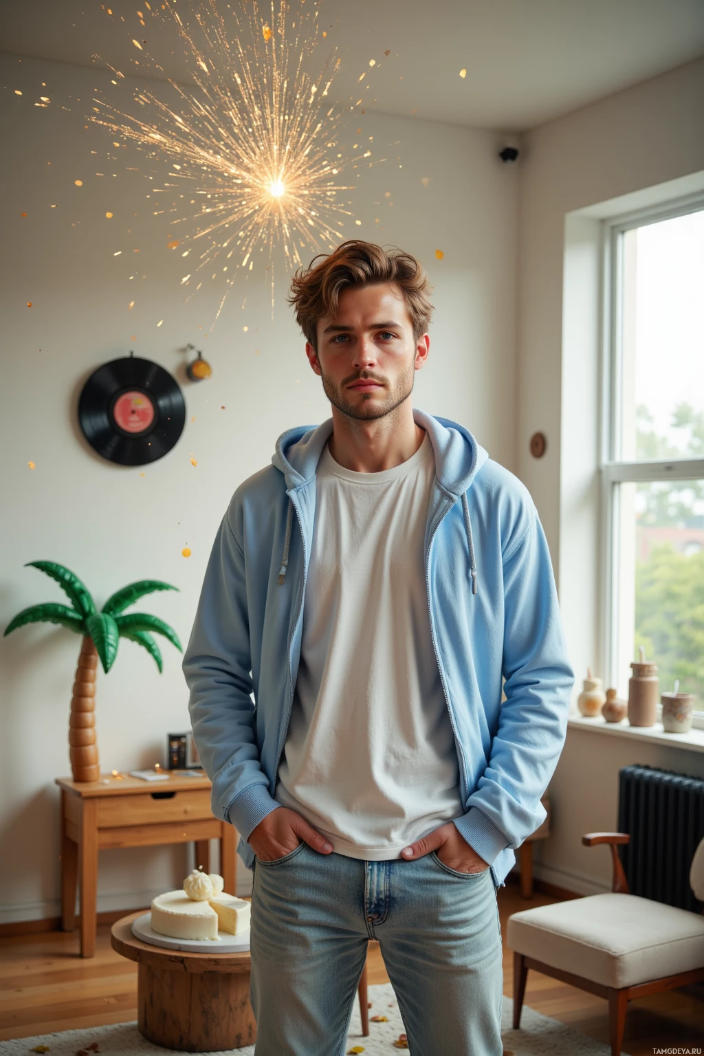 Мужчина стоит в уютной комнате, на столе стоит торт. На нём светлая голубая толстовка и джинсы.