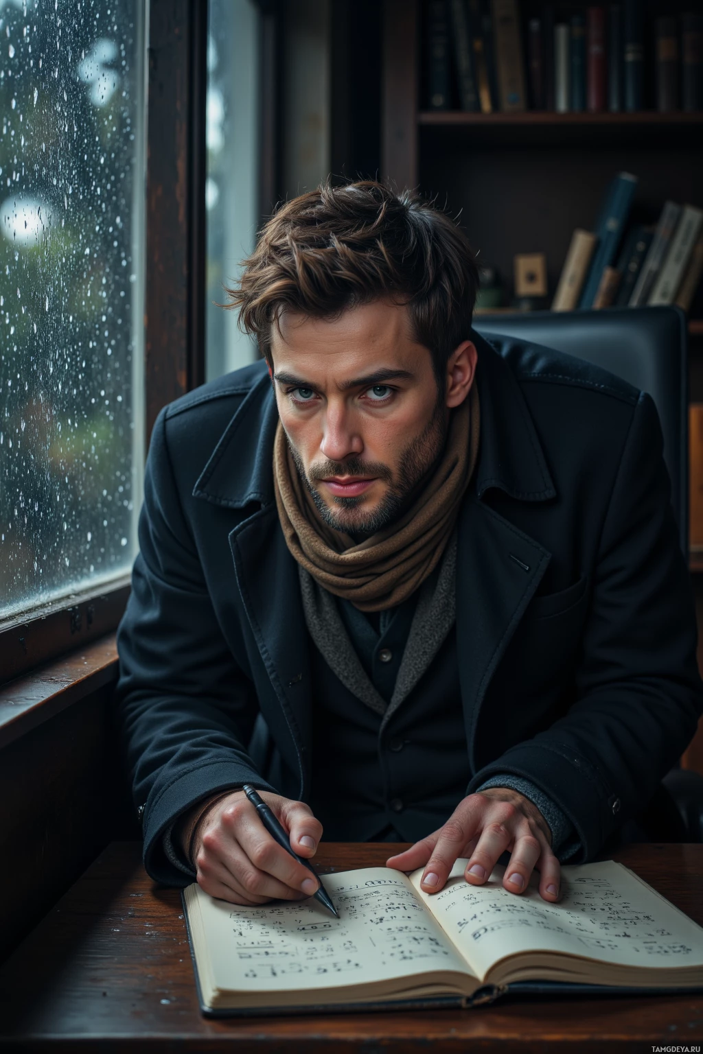 Мужчина в темном пальто и шарфе сидит за столом и пишет в блокноте ручкой.